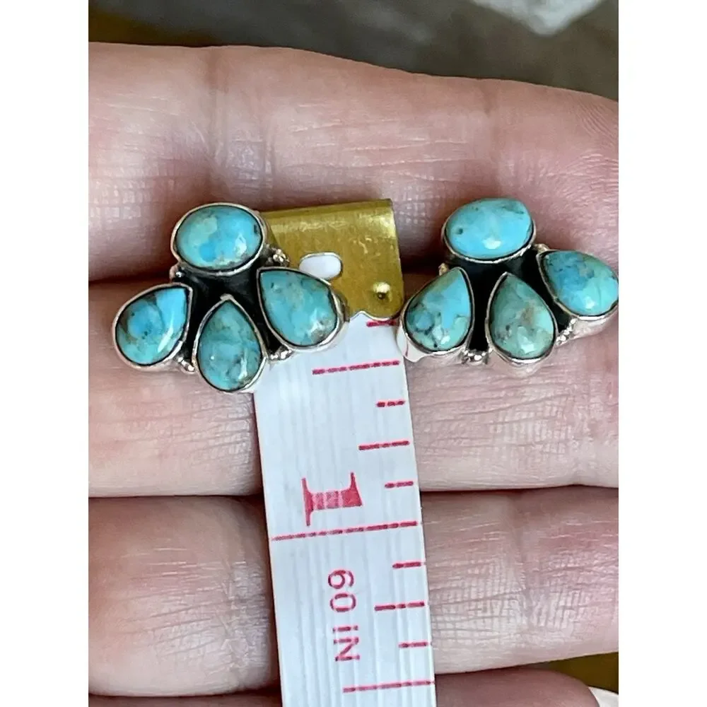 Turquoise Cluster Stud Earrings Sterling Silver Native Style Southwest Jewelry - Picture 4 of 8